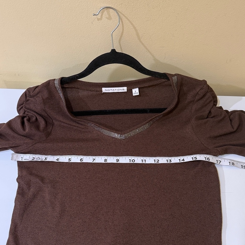 Notations Chocolate Short Sleeve Scrunchie Sleeve women’s blouse Size S Stretch - Picture 4 of 6